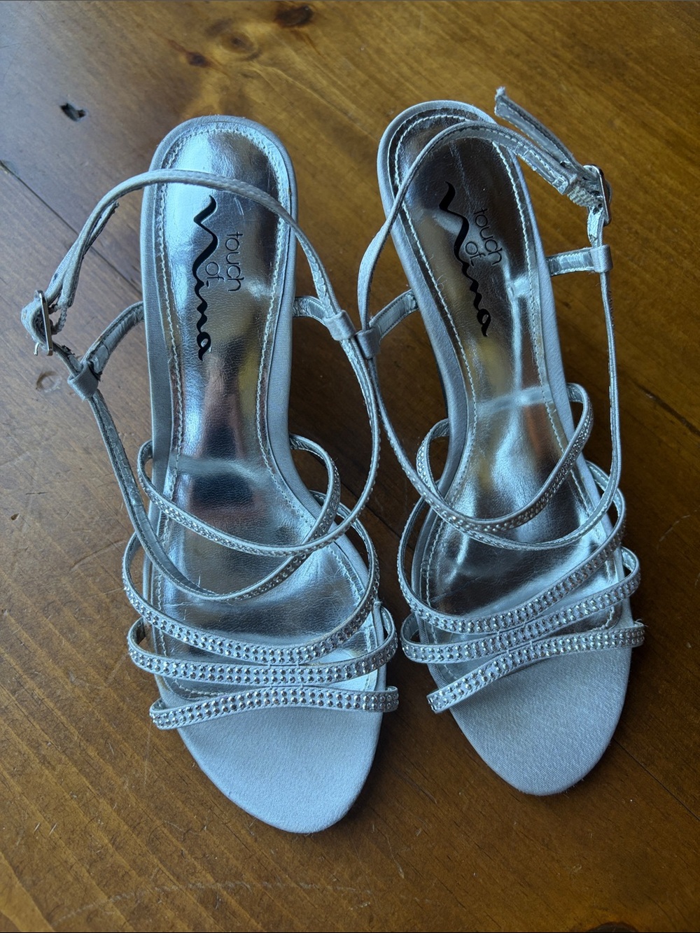 Touch of Nina Silver Rhinestone Strappy Slingback Heels